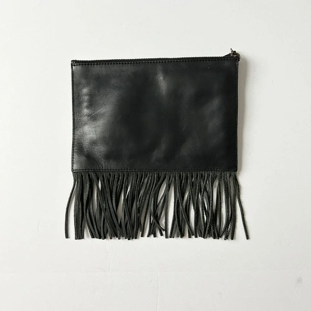 Madewell Black Leather Fringe Wristlet Clutch